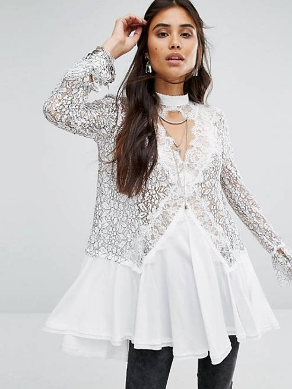 Free People Tell Tale Heart Lace Bell Sleeve Mini Dress Ivory Black NWOT M